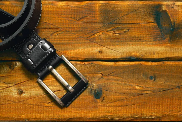 Black Strap Buckle Old Wooden Background Free Space Background — Stock Photo, Image