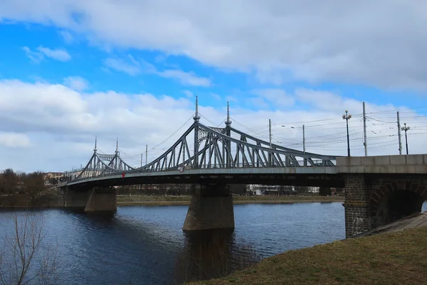 Тверь Россия Марта 2020 Пейзаж Видом Старый Волжский Мост — стоковое фото
