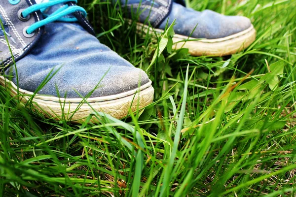 Seyahat arka plan. Çim üzerinde eski ayakkabılar.