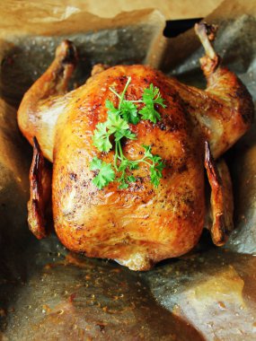 Otlar, baharatlar ile kavrulmuş bütün tavuk