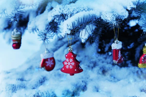 Doğal çam ağacı karla kaplı... Köknar ağacı dalı üzerinde asılı Noel dekorasyon — Stok fotoğraf