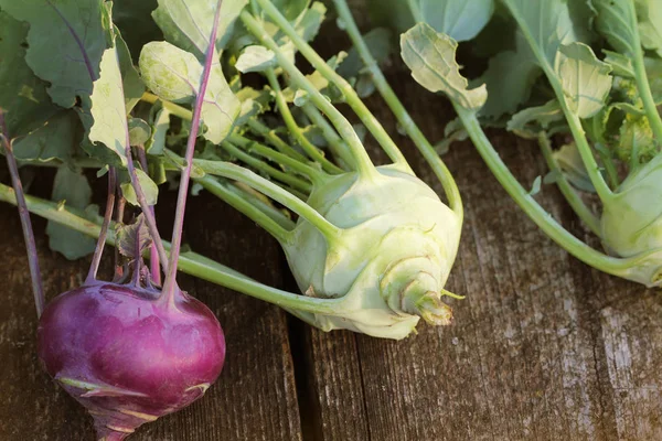 Kohlrabi fresco na mesa de madeira closeup — Fotografia de Stock