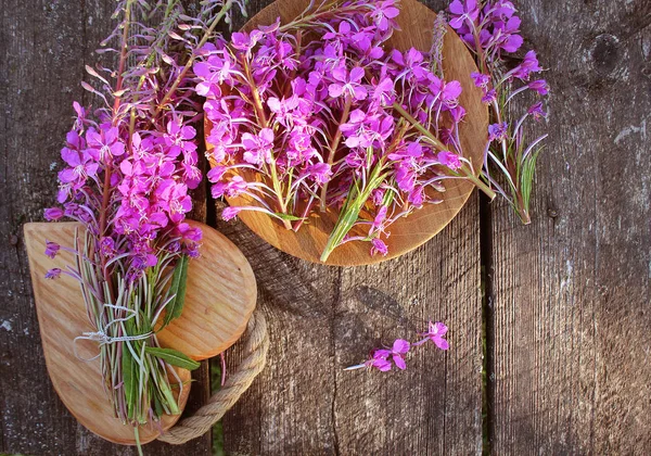 Flower Willowherb - Epilobium Angustifolium on wooden background. Top view — Stock Photo, Image