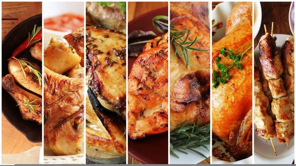 Collage di farine di pollo. Set da vari tipi di piatti del menu del ristorante a strisce — Foto Stock