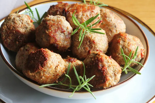 Roasted Meatballs Delicious Meat Cutlets Wooden Table — Stock Photo, Image