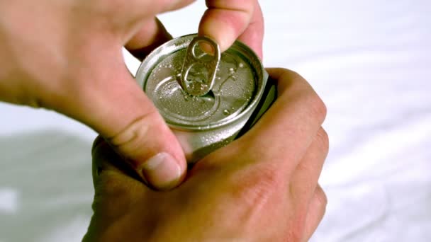 Slow motion beer can snapping open — Stock Video