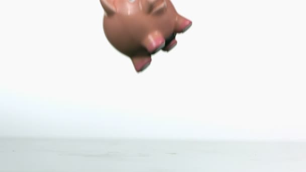 Slow motion dropping and breaking piggy bank — Stock Video