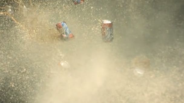 Stack of soda cans exploding — Stock Video