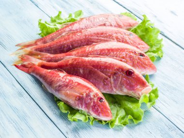 Ahşap tahta üzerinde kırmızı Kefal.