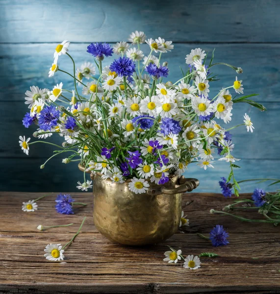 A chamomiles és a vázában a fa a Búzavirág csokor — Stock Fotó