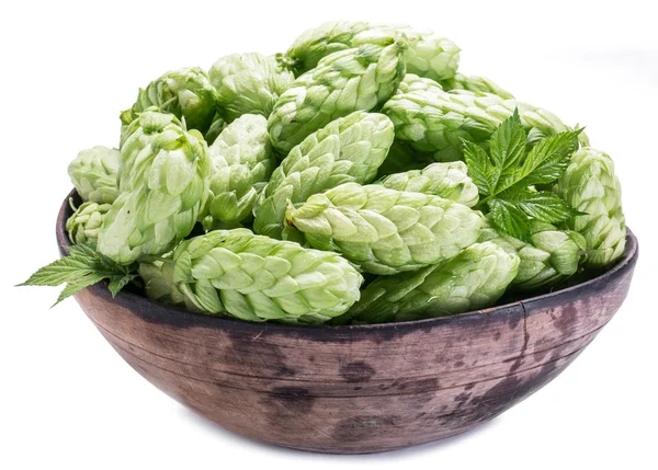 Hop cones in the old wooden bowl. — Stock Photo, Image