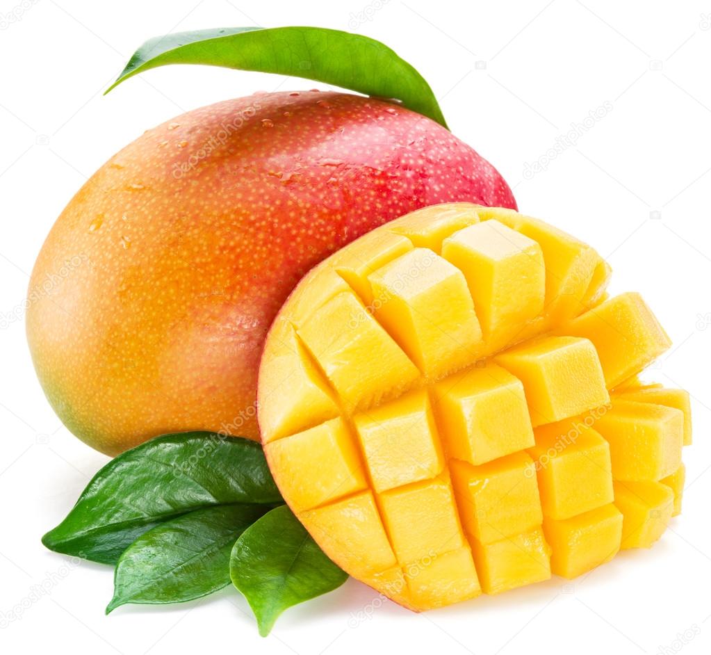 Mango cubes and mango fruit. Isolated on a white background.