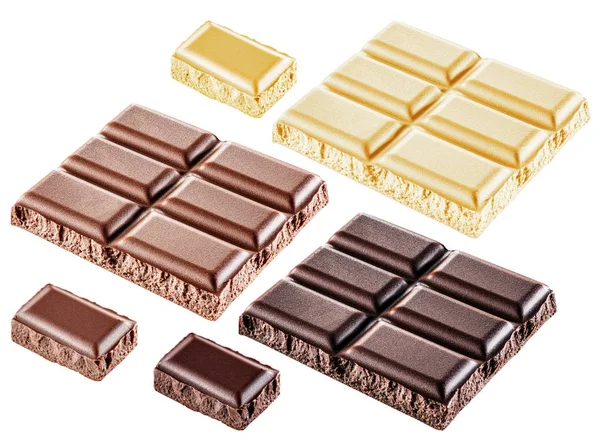 Stukken van de chocoladereep. Bestand bevat uitknippaden. — Stockfoto