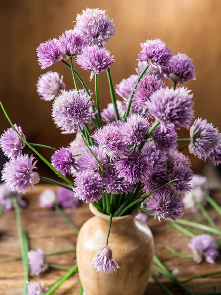 Ramo de cebolla (cebollino) flores en el jarrón en la mesa de madera —  Fotos de Stock