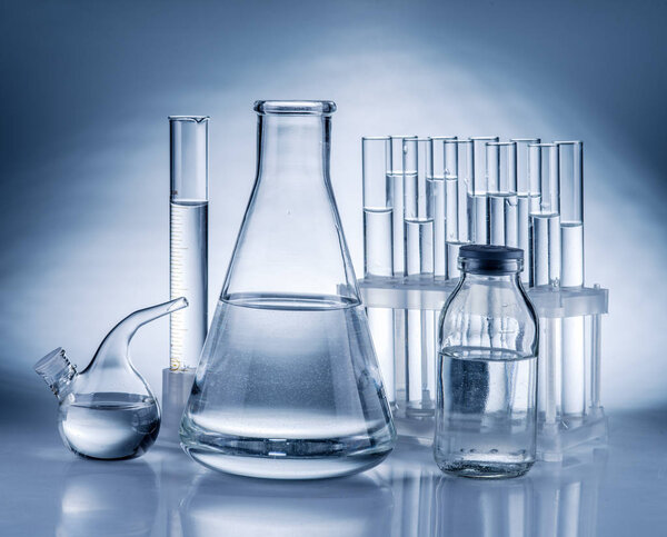 Different laboratory beakers and glassware. 