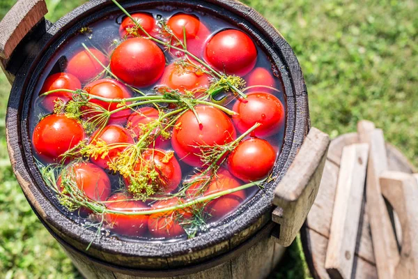 Syltade tomater med örter i träfat. — Stockfoto