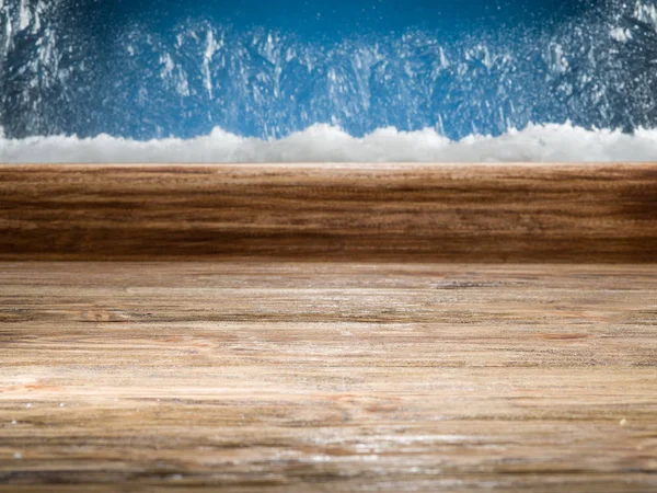 Wooden sill and frozen window. Christmas or New Year background. — Stock Photo, Image