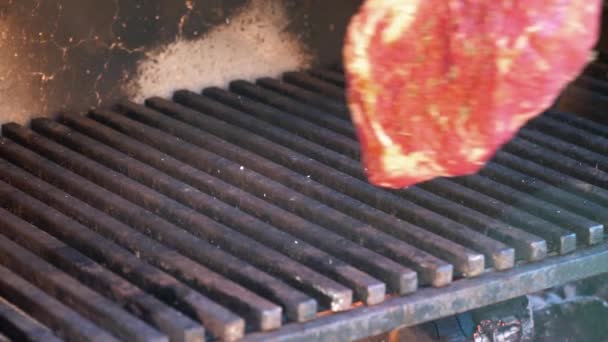 Ribeye steak gebrand op de barbecue-barbecue. Slow-motion. 120 fps. — Stockvideo