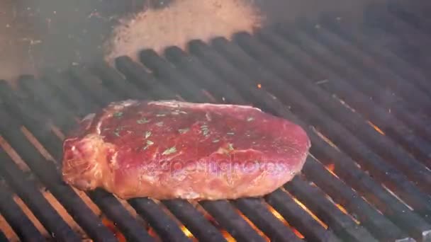 Filete de Ribeye asado en la barbacoa a la parrilla. Vídeo 4K . — Vídeos de Stock