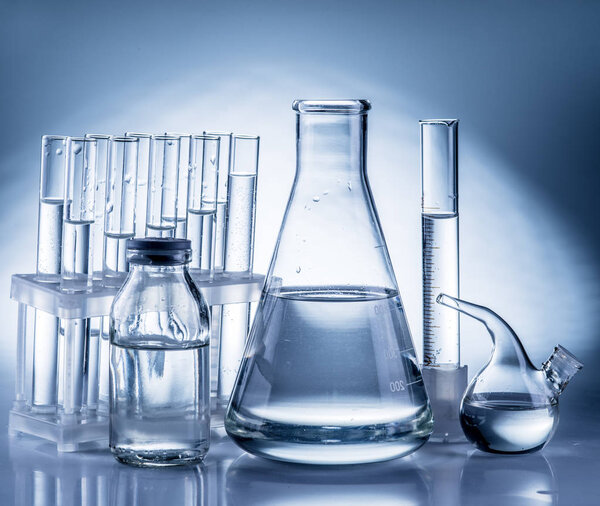 Different laboratory beakers and glassware. 