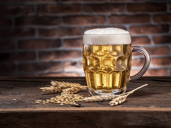 Caneca gelada de cerveja na mesa de madeira . — Fotografia de Stock