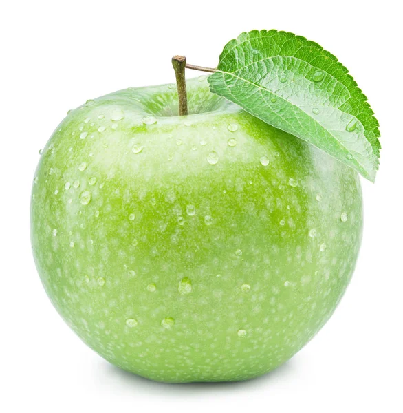 Pomme verte mûre avec des gouttes d'eau dessus . — Photo