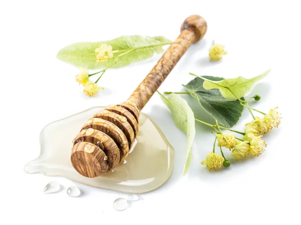 Wooden dipper lays in honey puddle and linden flowers. — Stock Photo, Image