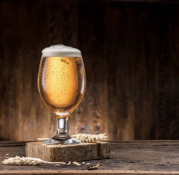 Copo de cerveja gelado na mesa de madeira . — Fotografia de Stock