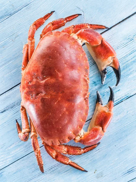 Kokta bruna krabba eller ätliga Krabban isolerad på fliken blå trä — Stockfoto