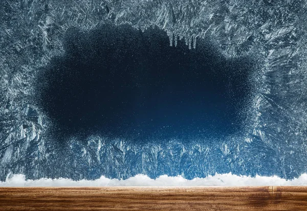 Wooden sill and frozen window. Christmas or New Year background. — Stock Photo, Image