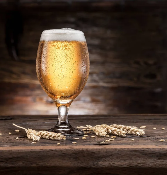 Ледяной стакан пива на деревянном столе . — стоковое фото