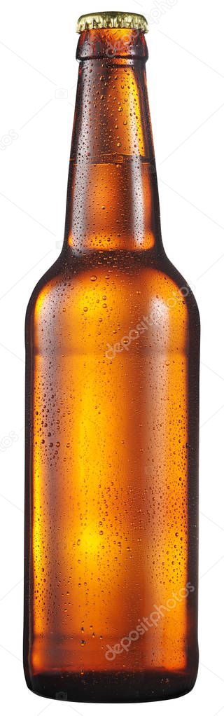 Cold bottle of beer with condensated water drops on it.  