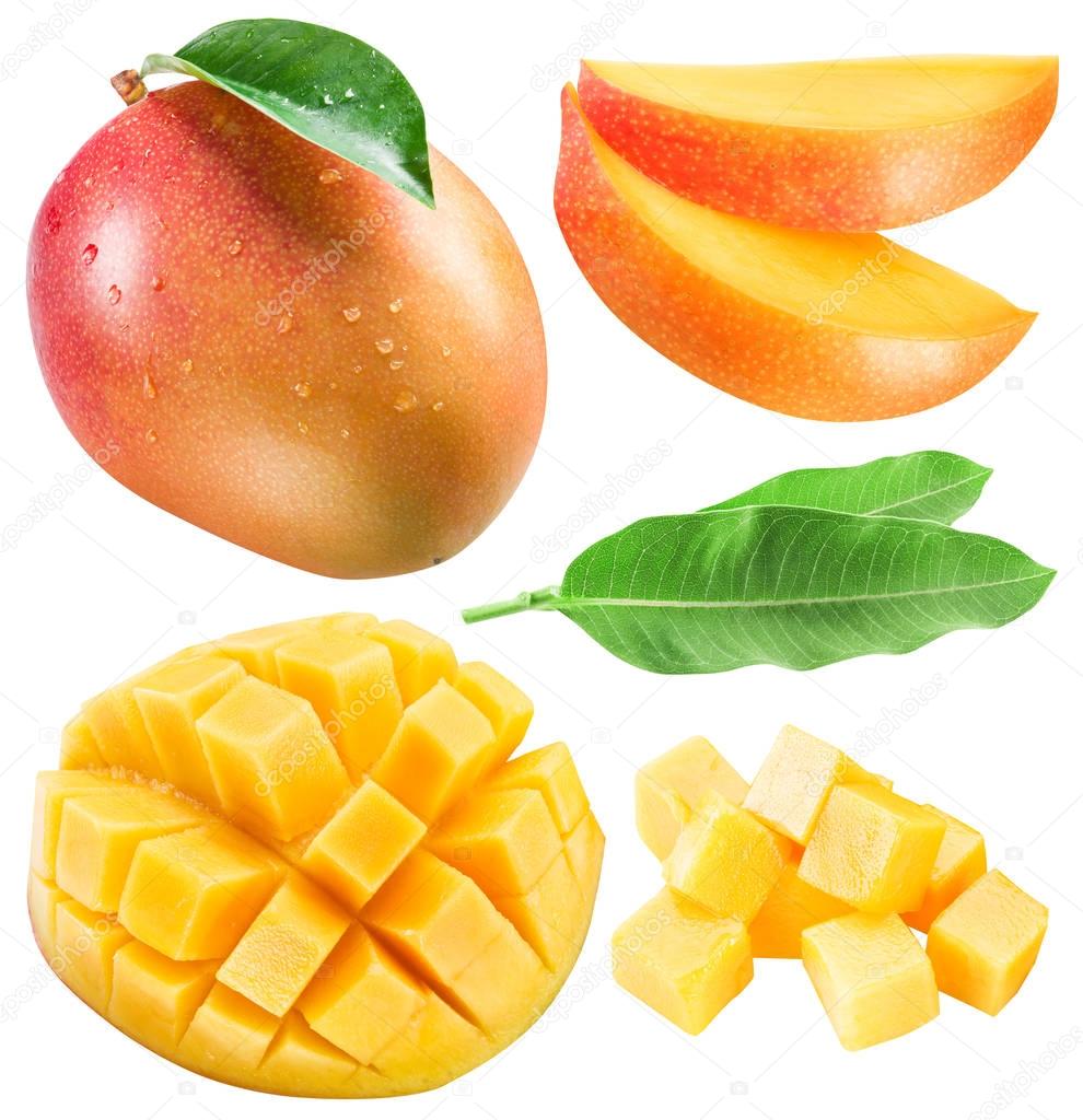 Set of mango fruits, mango slices and leaf. Clipping path for ea