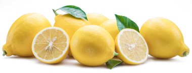 Group of lemon fruits with lemon leaves on the white background. clipart