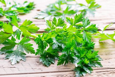 Ahşap zemin üzerine maydanoz ot.