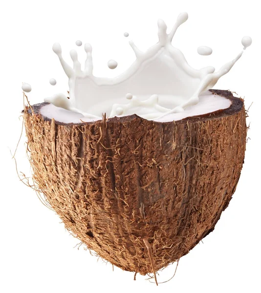 Coconut frukt och mjölk stänk inuti den. Urklippsbana. — Stockfoto