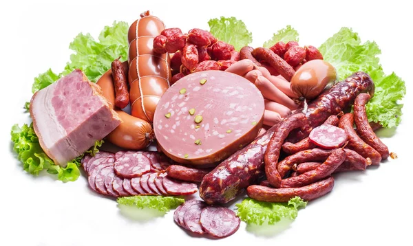 Variety of dry cured sausage products and meat. — Stock Photo, Image