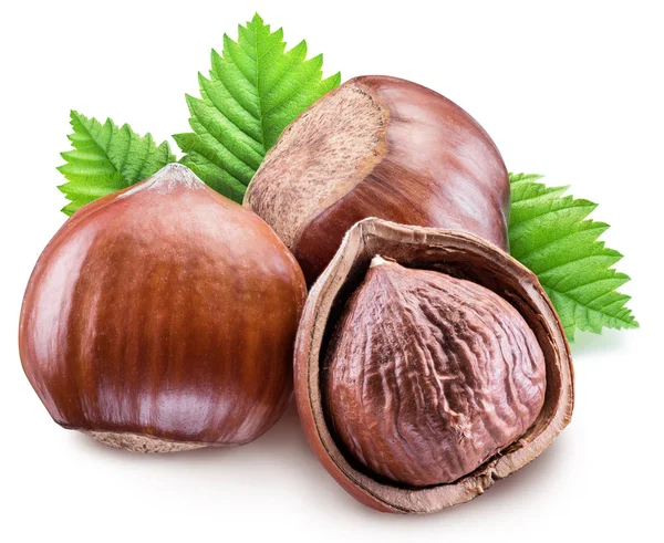 Hazelnuts, kernel of hazelnut and green leaves. Clipping path. — Stock Photo, Image
