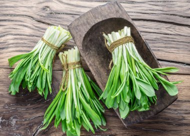 Ahşap masa üzerinde genç taze yabani sarımsak.