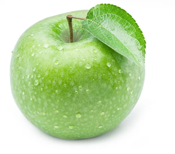 Rijpe groene appel met waterdruppels op het. — Stockfoto