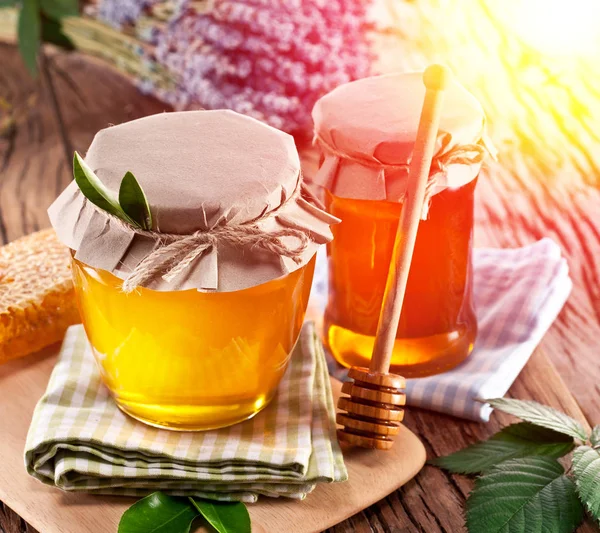 Frascos cheios de mel fresco e favos de mel. Natureza colorida backgro — Fotografia de Stock