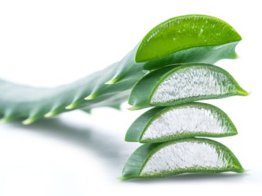 Aloe ya da Aloe vera beyaz arka planda taze yapraklar ve dilimler.