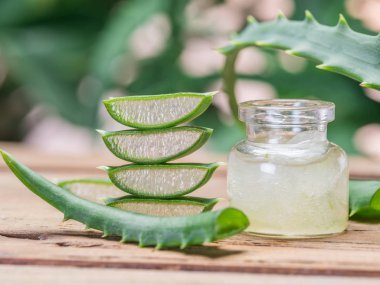 Taze aloe bırakır ve aloe jeli ahşap sekmesinde kozmetik kavanoza