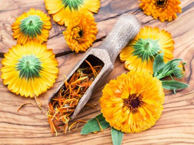 Calendula çiçekleri eski ahşap masada.