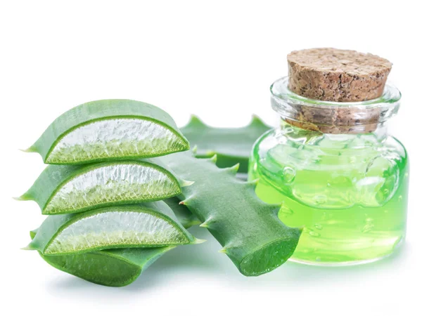 Aloe ya da Aloe vera beyaz arka planda taze yapraklar ve dilimler. — Stok fotoğraf