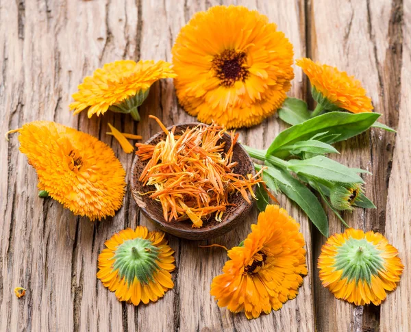 Flores de caléndula en la vieja mesa de madera. — Foto de Stock