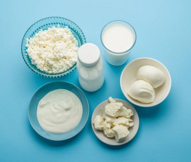 Protein ürünleri: peynir, krema, süt, yumurta üzerinde mavi backgrou