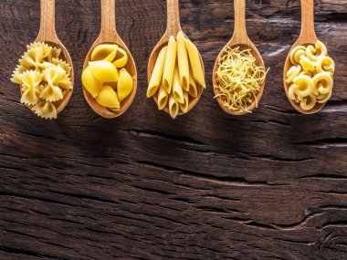 Masadaki tahta kaşıklarda farklı makarna tipleri. Üst görünüm.