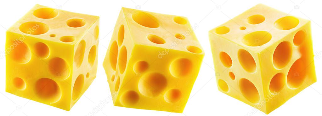 Set of three holey cheese cubes.