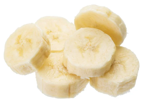 Rebanadas de plátano peladas sobre el fondo blanco . — Foto de Stock